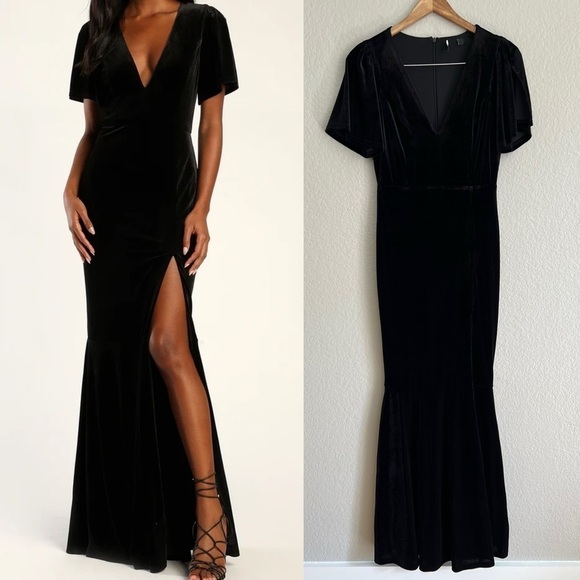 NWOT Elegant Evenings Black Velvet Flutter Sleeve Trumpet Maxi Dress - Picture 1 of 9